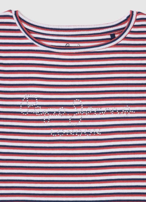 Pepe Jeans Ribbed Striped Print T-Shirt Girl Ocean Z22X1466