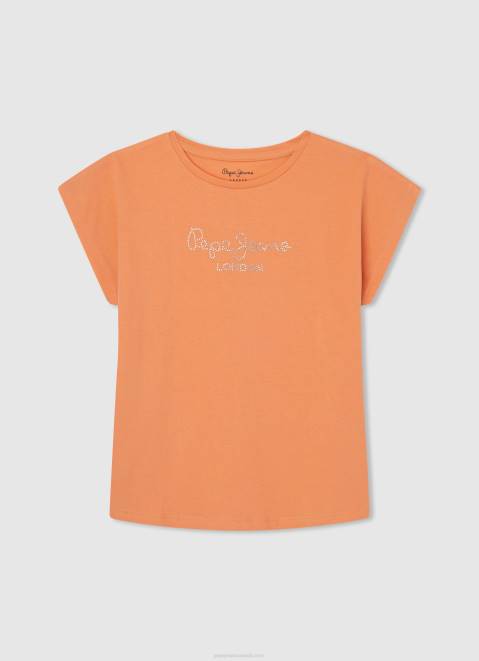 Pepe Jeans Strass Logo Cotton T-Shirt Girl Peach Z22X1451
