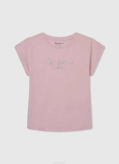 Pepe Jeans Strass Logo Cotton T-Shirt Girl Soft Pink Z22X1431