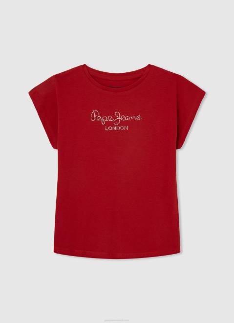 Pepe Jeans Strass Logo Cotton T-Shirt Girl Studio Red Z22X1450