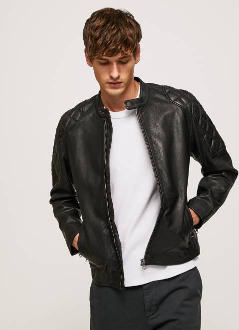 Pepe Jeans Lamb Leather Biker Jacket Men Black Z22X835