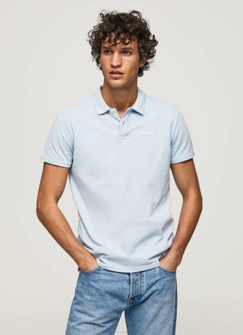 Pepe Jeans Embroidered Logo Pique Polo Shirt Men Bleach Blue Z22X1096