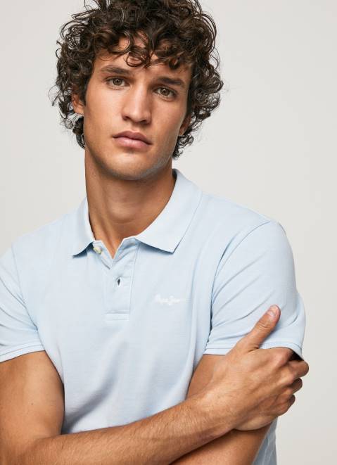 Pepe Jeans Embroidered Logo Pique Polo Shirt Men Bleach Blue Z22X1096