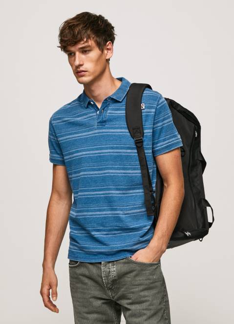 Pepe Jeans Striped Printed Cotton Polo Shirt Men Indigo Z22X1083
