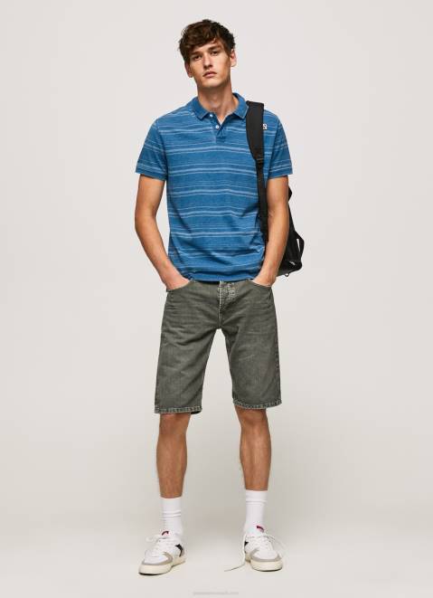 Pepe Jeans Striped Printed Cotton Polo Shirt Men Indigo Z22X1083
