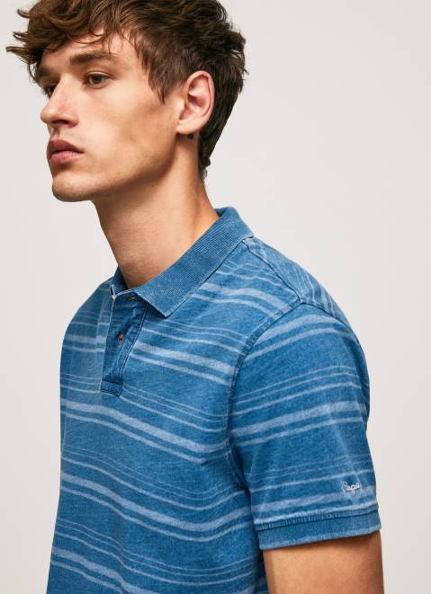 Pepe Jeans Striped Printed Cotton Polo Shirt Men Indigo Z22X1083