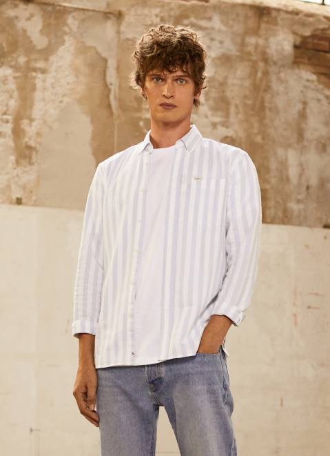 Pepe Jeans Lucius Slim Striped Oxford Shirt Men Bleach Blue Z22X1026