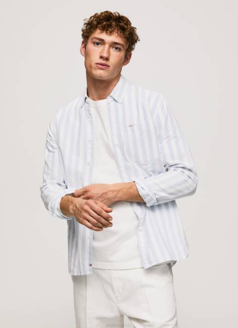Pepe Jeans Lucius Slim Striped Oxford Shirt Men Bleach Blue Z22X1026