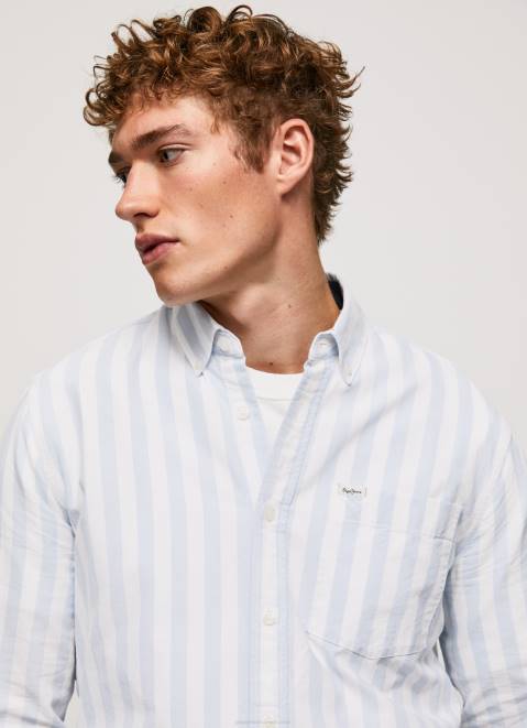 Pepe Jeans Lucius Slim Striped Oxford Shirt Men Bleach Blue Z22X1026