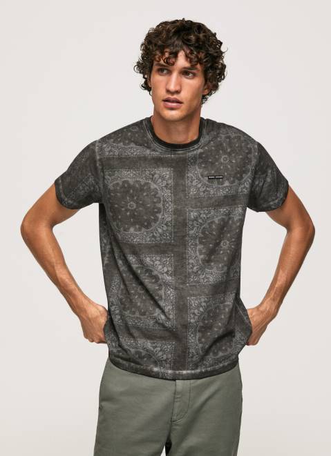 Pepe Jeans Bandana Print Cotton T-Shirt Men Washed Black Z22X937