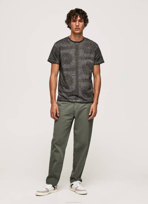 Pepe Jeans Bandana Print Cotton T-Shirt Men Washed Black Z22X937