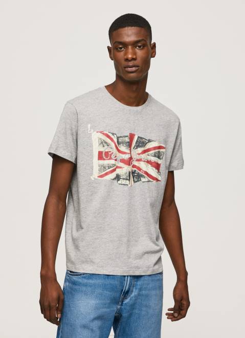 Pepe Jeans Flag Logo N Waving Flag T-Shirt Men Grey Marl Z22X936