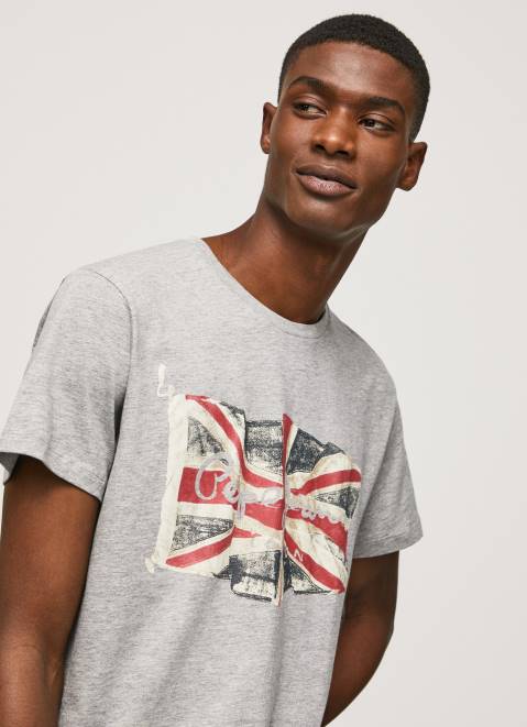 Pepe Jeans Flag Logo N Waving Flag T-Shirt Men Grey Marl Z22X936