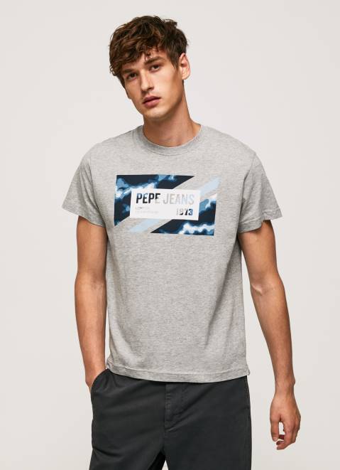 Pepe Jeans Flag Print Cotton T-Shirt Men Grey Marl Z22X957