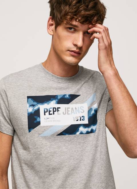 Pepe Jeans Flag Print Cotton T-Shirt Men Grey Marl Z22X957
