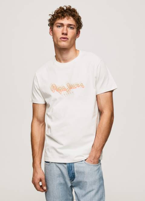 Pepe Jeans Logo Print T-Shirt Men Off White Z22X992
