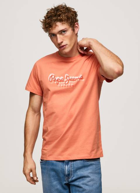 Pepe Jeans Logo Print T-Shirt Men Squash Orange Z22X991