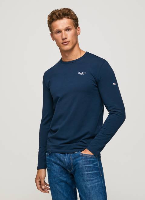 Pepe Jeans Long-Sleeved Cotton T-Shirt Men Navy Z22X1009