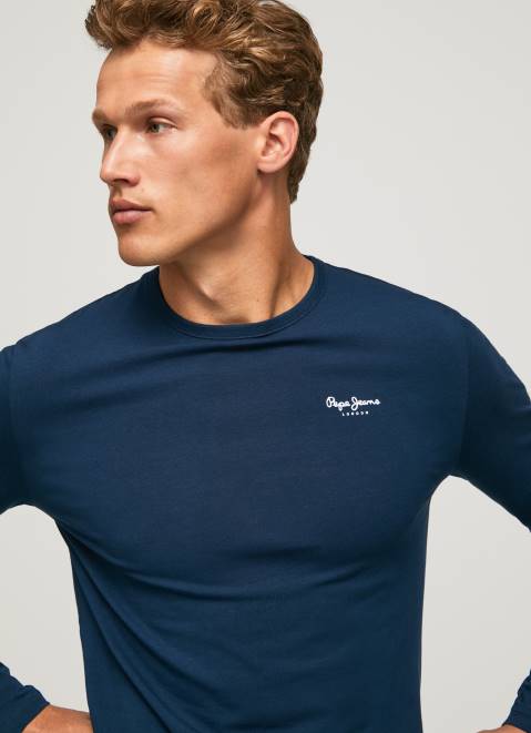 Pepe Jeans Long-Sleeved Cotton T-Shirt Men Navy Z22X1009