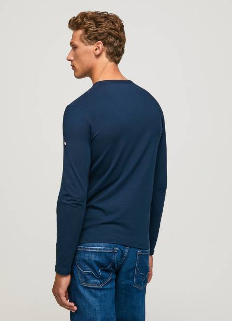 Pepe Jeans Long-Sleeved Cotton T-Shirt Men Navy Z22X1009