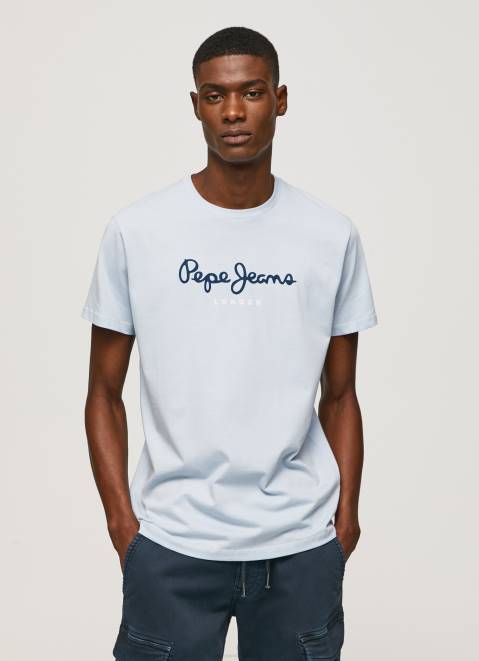 Pepe Jeans Printed Logo Cotton T-Shirt Men Bleach Blue Z22X933