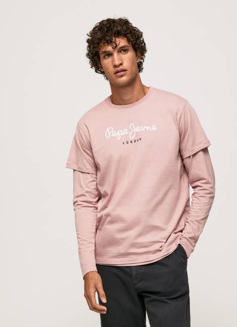 Pepe Jeans Printed Logo Cotton T-Shirt Men Bleach Pink Z22X917