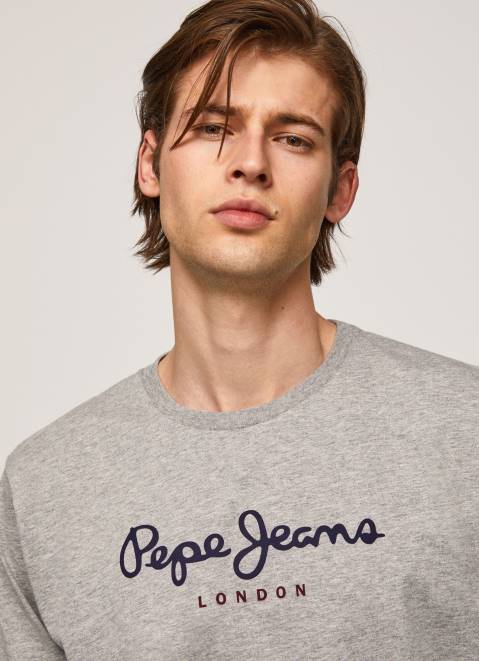 Pepe Jeans Printed Logo Cotton T-Shirt Men Grey Marl Z22X1017