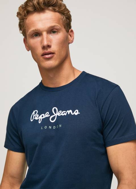 Pepe Jeans Printed Logo Cotton T-Shirt Men Navy Z22X999