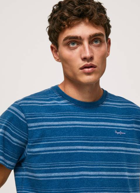 Pepe Jeans Striped Printed Cotton T-Shirt Men Indigo Z22X966