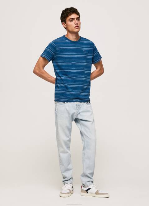 Pepe Jeans Striped Printed Cotton T-Shirt Men Indigo Z22X966