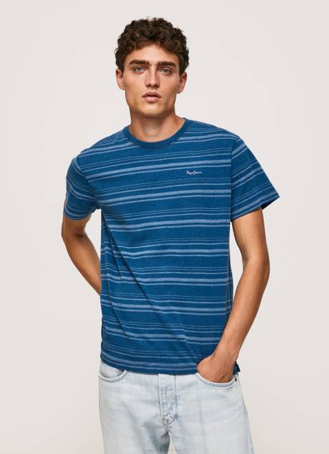 Pepe Jeans Striped Printed Cotton T-Shirt Men Indigo Z22X966