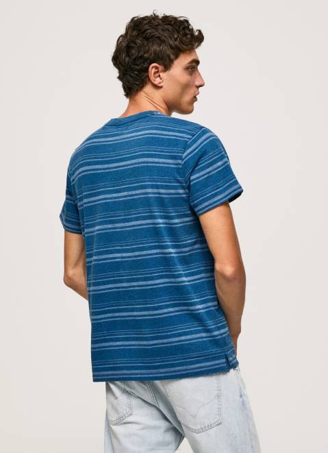Pepe Jeans Striped Printed Cotton T-Shirt Men Indigo Z22X966