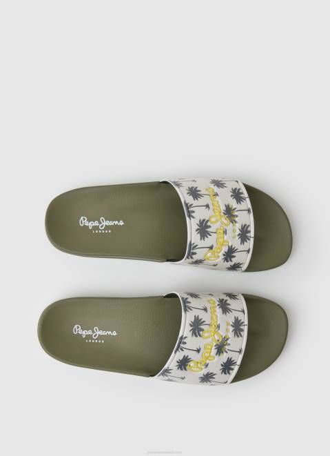 Pepe Jeans Slider Print Beach Flip Flops Men Khaki Green Z22X1282