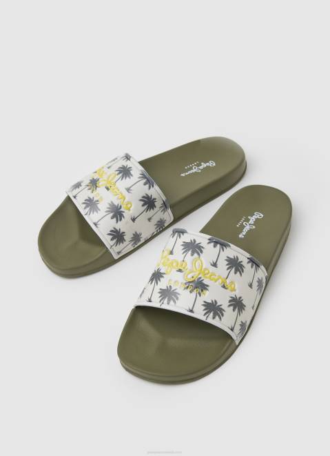 Pepe Jeans Slider Print Beach Flip Flops Men Khaki Green Z22X1282