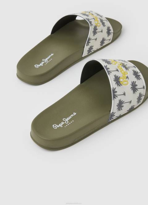 Pepe Jeans Slider Print Beach Flip Flops Men Khaki Green Z22X1282