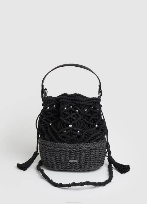 Pepe Jeans Macrame And Straw Bucket Bag Women Black Z22X741