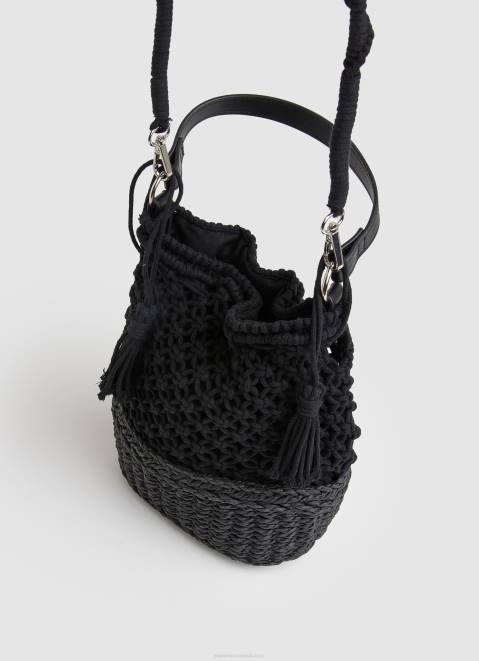 Pepe Jeans Macrame And Straw Bucket Bag Women Black Z22X741