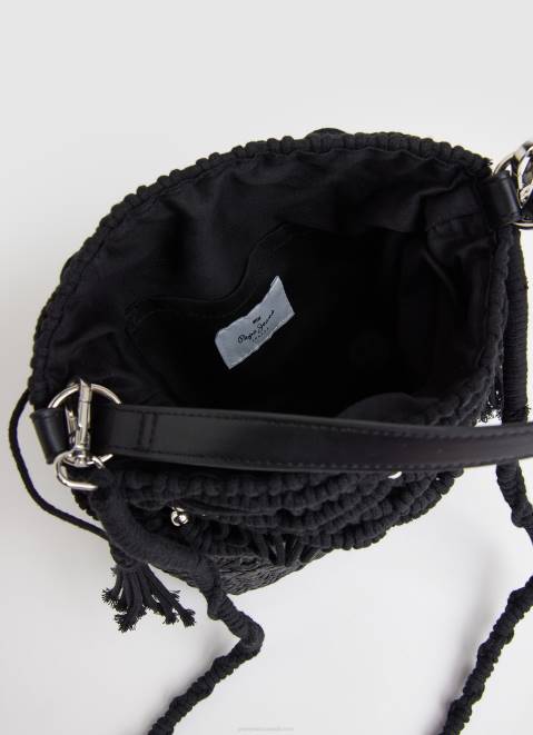 Pepe Jeans Macrame And Straw Bucket Bag Women Black Z22X741