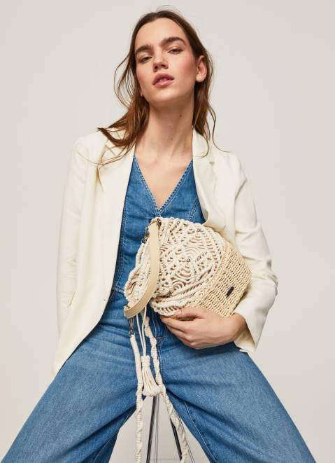Pepe Jeans Macrame And Straw Bucket Bag Women Mousse Z22X740