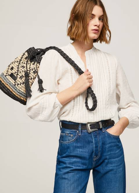 Pepe Jeans Straw Bucket Bag Women Black Z22X719