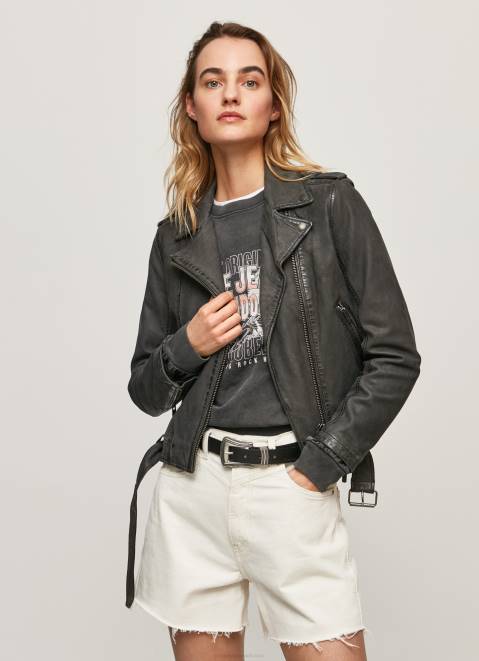 Pepe Jeans Lamb Leather Biker Jacket Women Black Z22X114