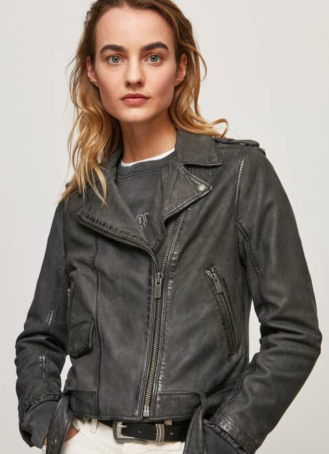 Pepe Jeans Lamb Leather Biker Jacket Women Black Z22X114