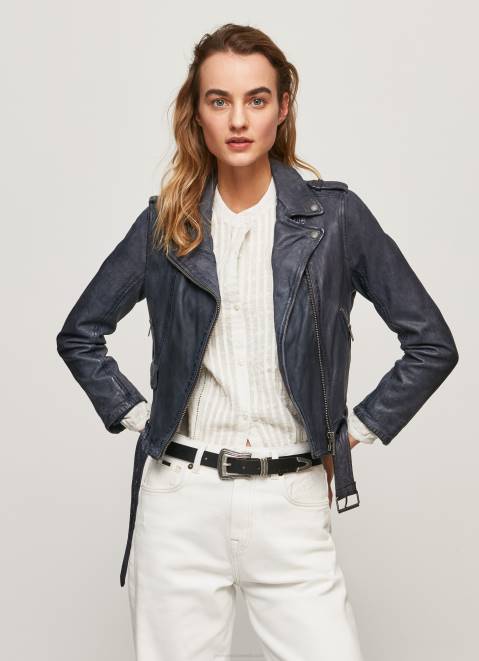 Pepe Jeans Lamb Leather Biker Jacket Women Ocean Z22X113