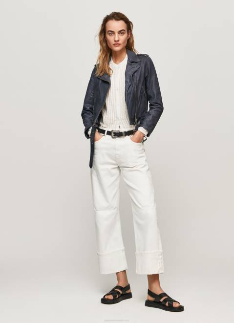 Pepe Jeans Lamb Leather Biker Jacket Women Ocean Z22X113