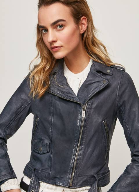 Pepe Jeans Lamb Leather Biker Jacket Women Ocean Z22X113
