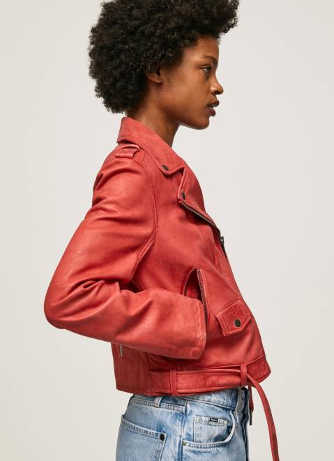 Pepe Jeans Lamb Leather Biker Jacket Women Studio Red Z22X105