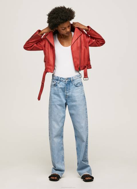 Pepe Jeans Lamb Leather Biker Jacket Women Studio Red Z22X105