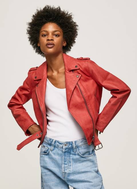 Pepe Jeans Lamb Leather Biker Jacket Women Studio Red Z22X105