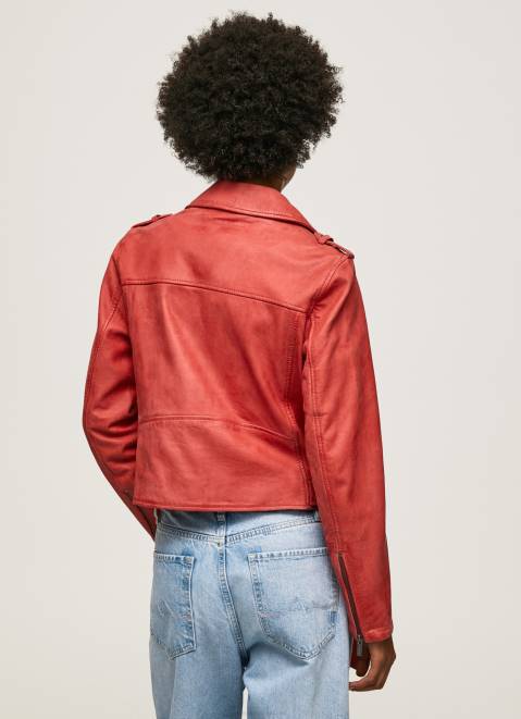 Pepe Jeans Lamb Leather Biker Jacket Women Studio Red Z22X105