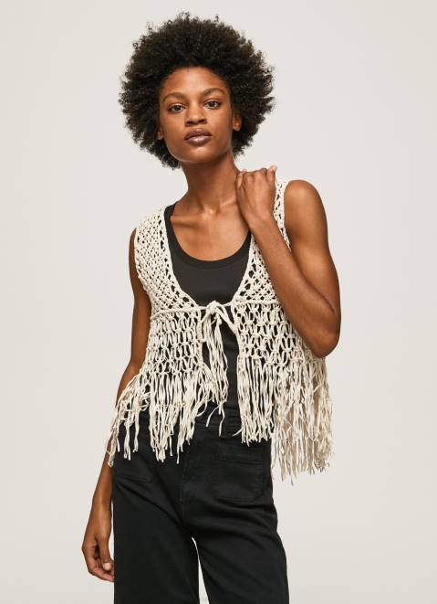 Pepe Jeans Macrame Waistcoat With Fringes Women Mousse Z22X135